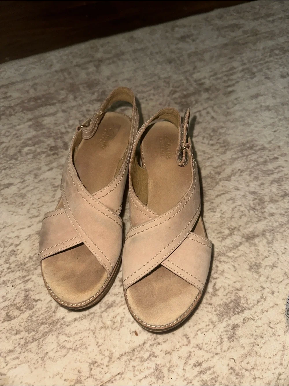 Clarks Collection Nubuck Cork Wedge Sandals Taupe Beige Velcro Comfort Shoes